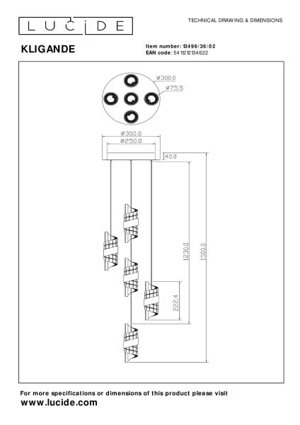 Lucide KLIGANDE - Hanglamp - Ø 30 cm - LED Dimb. - 5x8W 2700K - Mat Goud / Messing - technisch